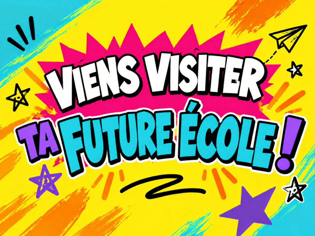 Texte coloré annonçant une invitation à visiter une future école.